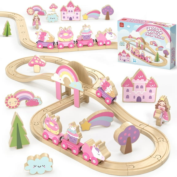 Train Set, Wooden Train Set for Kids, Train Toys for Toddlers, Toy Train with Train Tracks, Wooden Unicorn Toys for Kids 2 3 4 5  Years Old, Great Gift for Boys Girls - Compatible with Other Brands