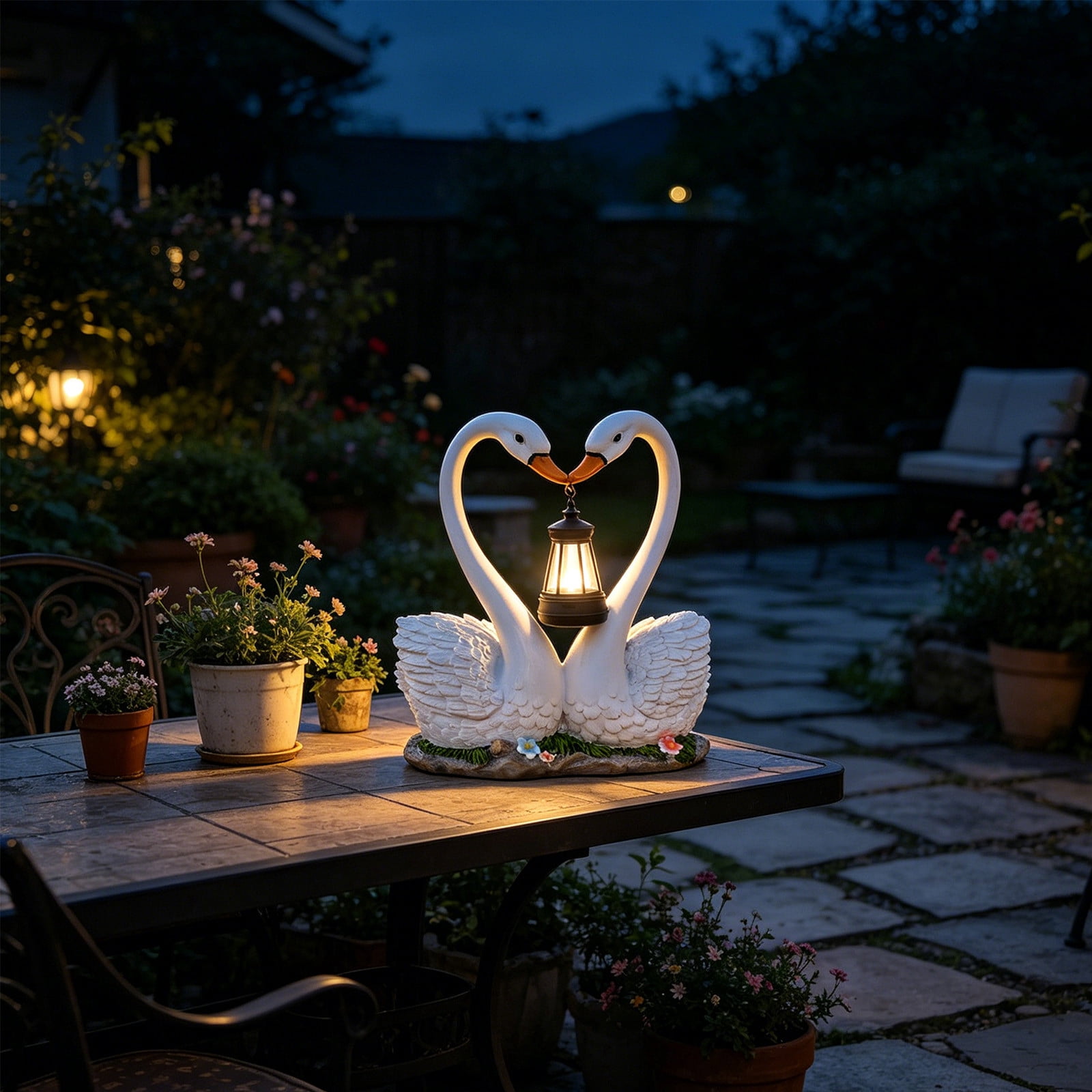 Resin Swan Couple Garden Statue with Solar LED Lantern Waterproof Outdoor Love Heart Sculpture Romantic Yard Art Night Light