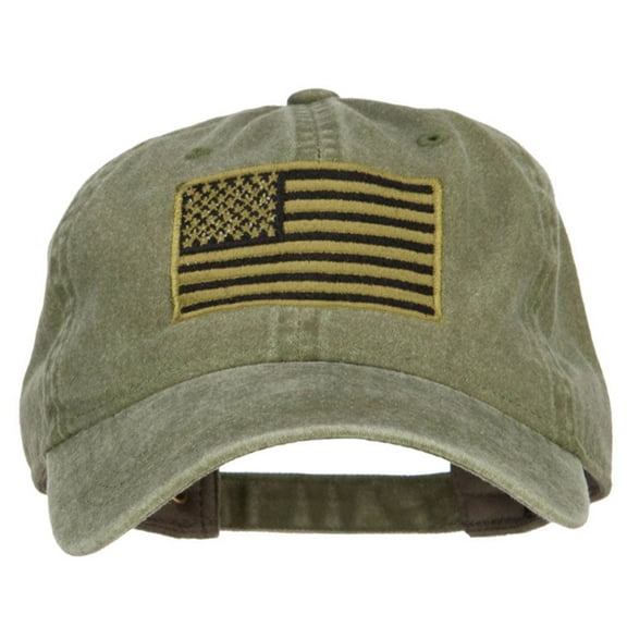 Subdued American Flag Embroidered Washed Buckle Cap - Olive OSFM