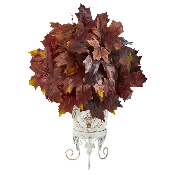 Nearly Natural 20" Autumn Maple Leaf Artificial Plant in Metal Planter in Red