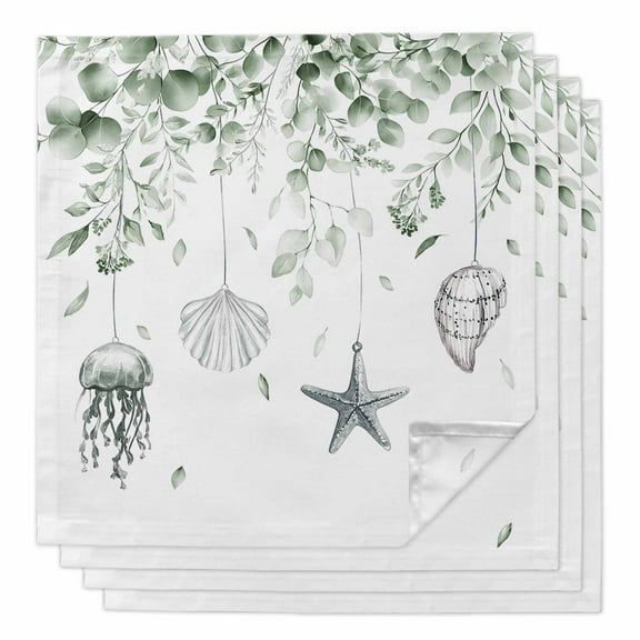 Sage Green Coastal Cloth Napkins Set of 4, Holiday Napkins for Baby Shower, Summer Eucalyptus Leaves Beach Ocean Starfish Conch Washable Reusable Dinner Napkins for Cocktail Wedding, 20 x 20 Inch