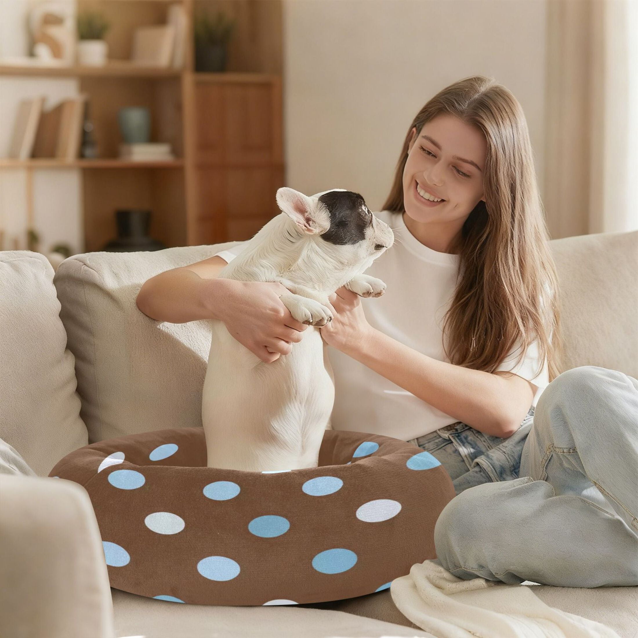 Iauyy Pet Couch Donut Cat Bed for Indoor Cats/Small Dogs Washable & Machine with Non-slip Bottom Calming Cat Furniture, Dot-shaped Brown (M)