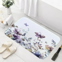 Purple Floral Bath Mat Rug for Bathroom, Cute Boho Watercolor Flower Wildflower Leaves Butterfly Bathroom Floor Rugs Mats Non Slip Kitchen Indoor Decor Decoration Accessories 17X29 Inches