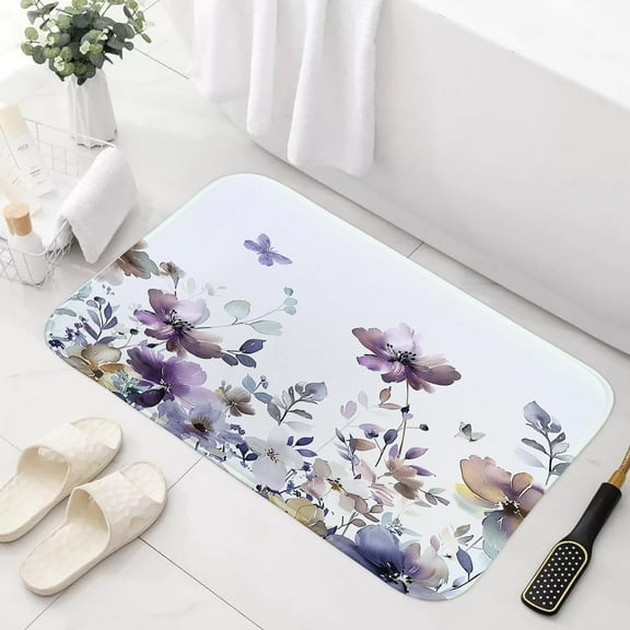 Purple Floral Bath Mat Rug for Bathroom, Cute Boho Watercolor Flower Wildflower Leaves Butterfly Bathroom Floor Rugs Mats Non Slip Kitchen Indoor Decor Decoration Accessories 17X29 Inches