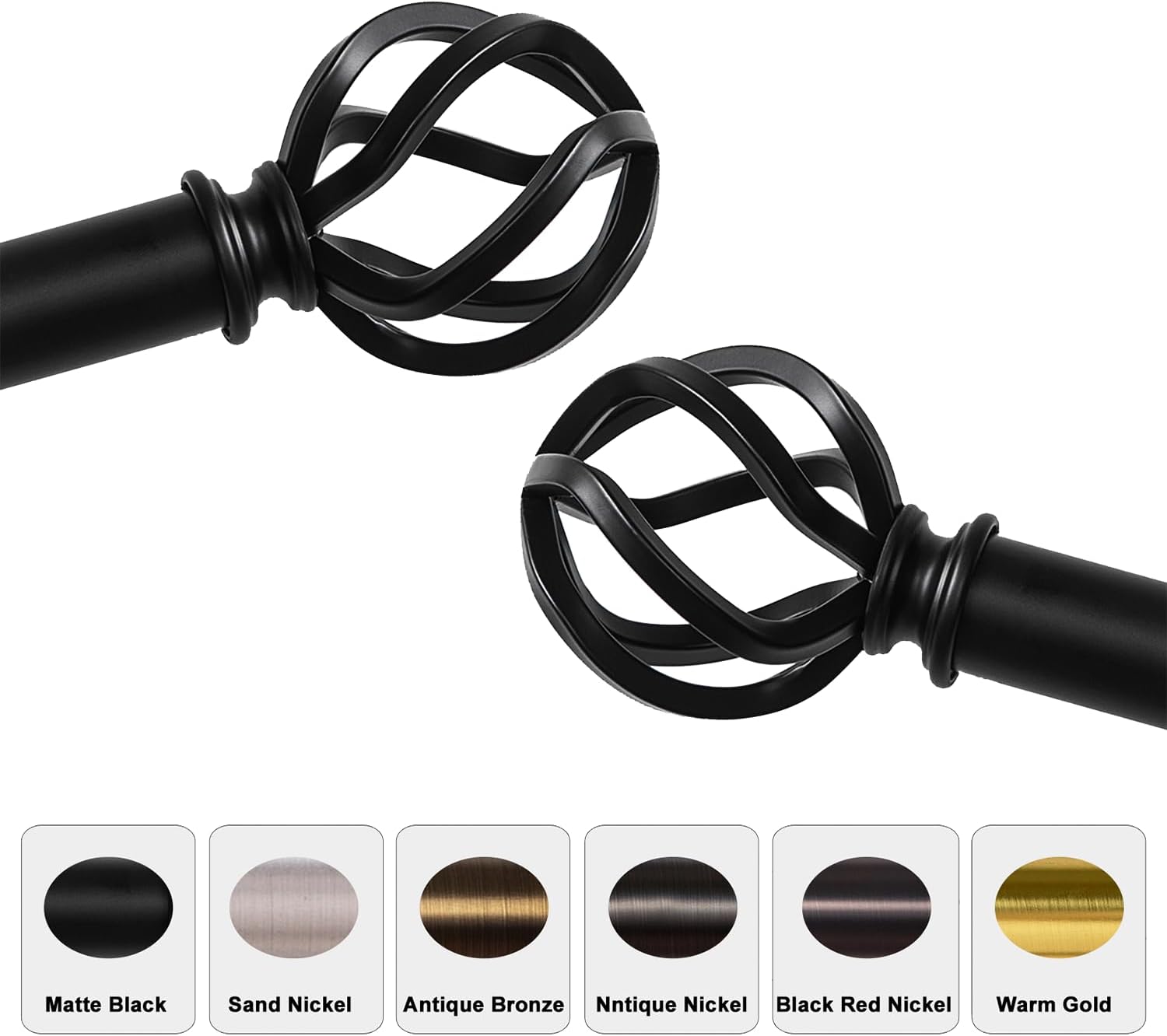AllWays Plaza Black Curtain Rods 18 to 144 Inches, 1 Inch Modern Drapery Rods, Adjustable Heavy Duty Curtain Rod, with Twisted Cage Finial for Home & Office (18"-48"Black)