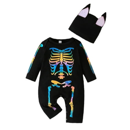 

Ropa De Bebe Niña Girl Onesies Onesie Print Long Sleeve Skeleton Hoodie Hat Black Clothes