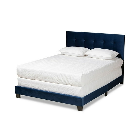 Caprice Glam Navy Blue Velvet Fabric Upholstered Queen Size Panel Bed
