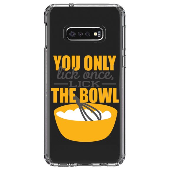 DistinctInk Clear Shockproof Hybrid Case for Samsung Galaxy S10e (5.8" Screen) - TPU Bumper Acrylic Back Tempered Glass Screen Protector - You Only Lick Once - Lick the Bowl - Baking
