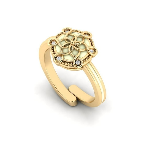 Brass Flower Ring 1 Micron Gold Plated Ivory Enamel Cubic Zirconia Jewelry For Mother's Day Gift , Adjustable US 7- To US-9