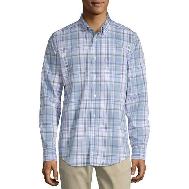 GEORGE - George Men's Classic Fit Long Sleeve Plaid Poplin Shirt, up to ...