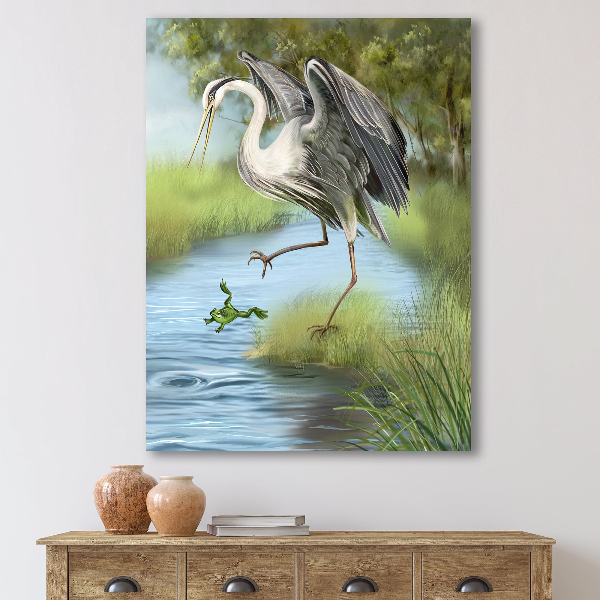 Designart ' Crane Hunting A Frog ' Farmhouse Canvas Wall Art Print