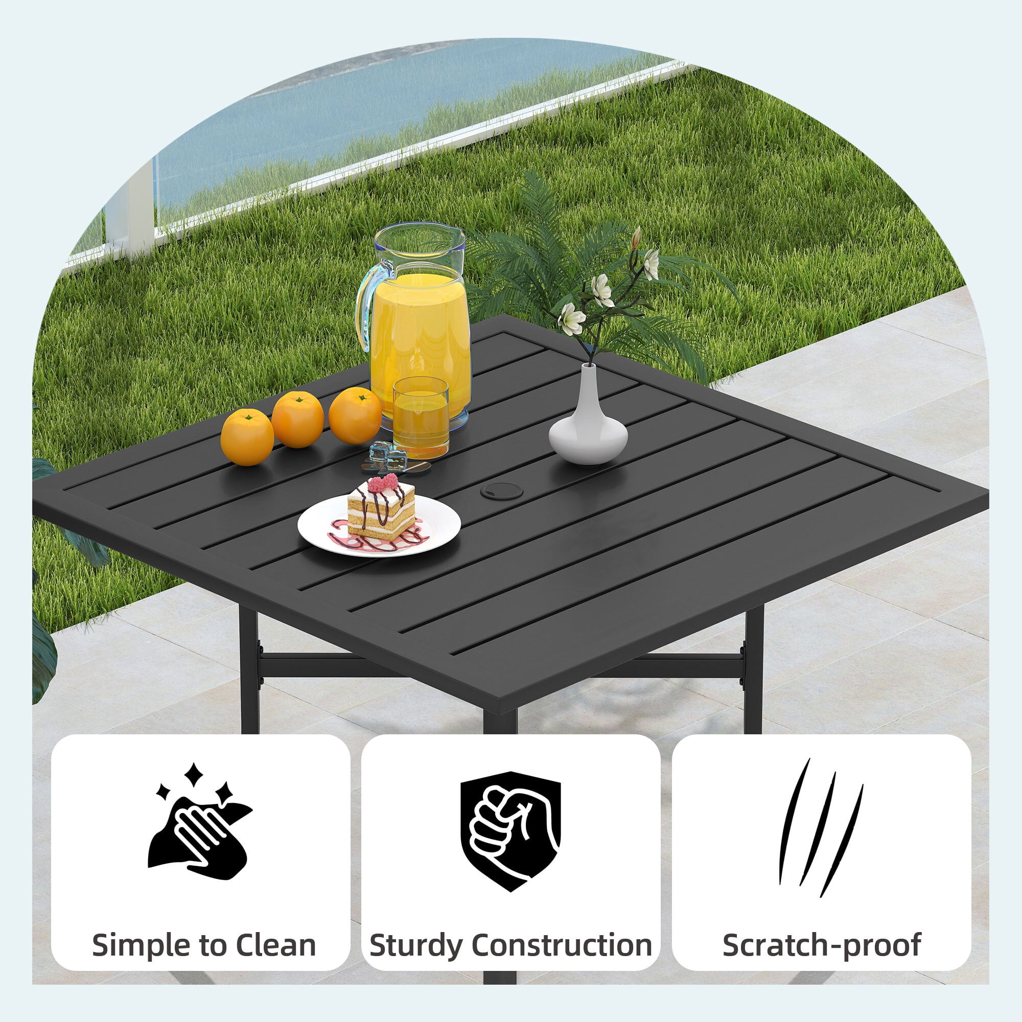 Uforic Square Metal Outdoor Dining Table 37 Inch, E-Coating Patio Table with Umbrella Hole for Backyard, Garden and Lawn, Black