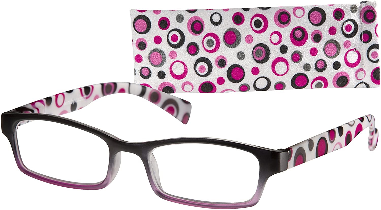 Wink Fancy Matte Reading Glass with Pink/Black Spots on White Temples and Suede Case +1.25
