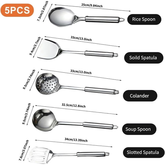 5PCS Cooking Utensils Set, Stainless Steel Kitchen Utensils Set, Heat Resistant Kitchen Gadgets Utensil Set Includes Slotted Spoon, Slotted Spatula, Large Spoon, Soup, Spatula