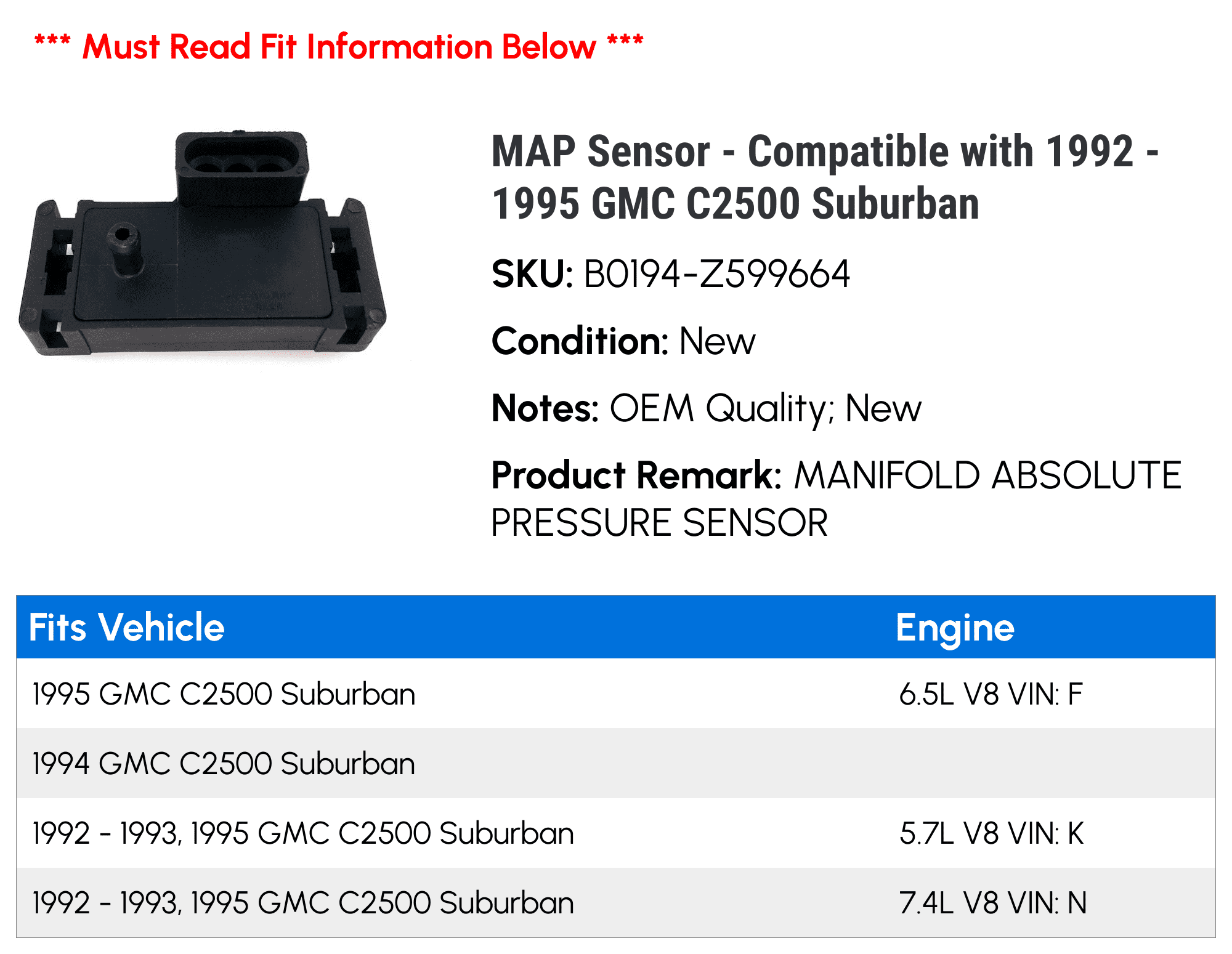 MAP Sensor - Compatible with 1992 - 1995 GMC C2500 Suburban 1993 1994