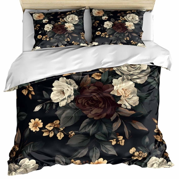 Vintage Black Floral Bedding 3 Piece Duvet Cover Set Twin Size, Spring Seasonal Botanical Blooms Soft Microfiber Comforter Cover with Zipper Closure & Pillowcases, Wrinkle & FadeResistant Quilt Cover