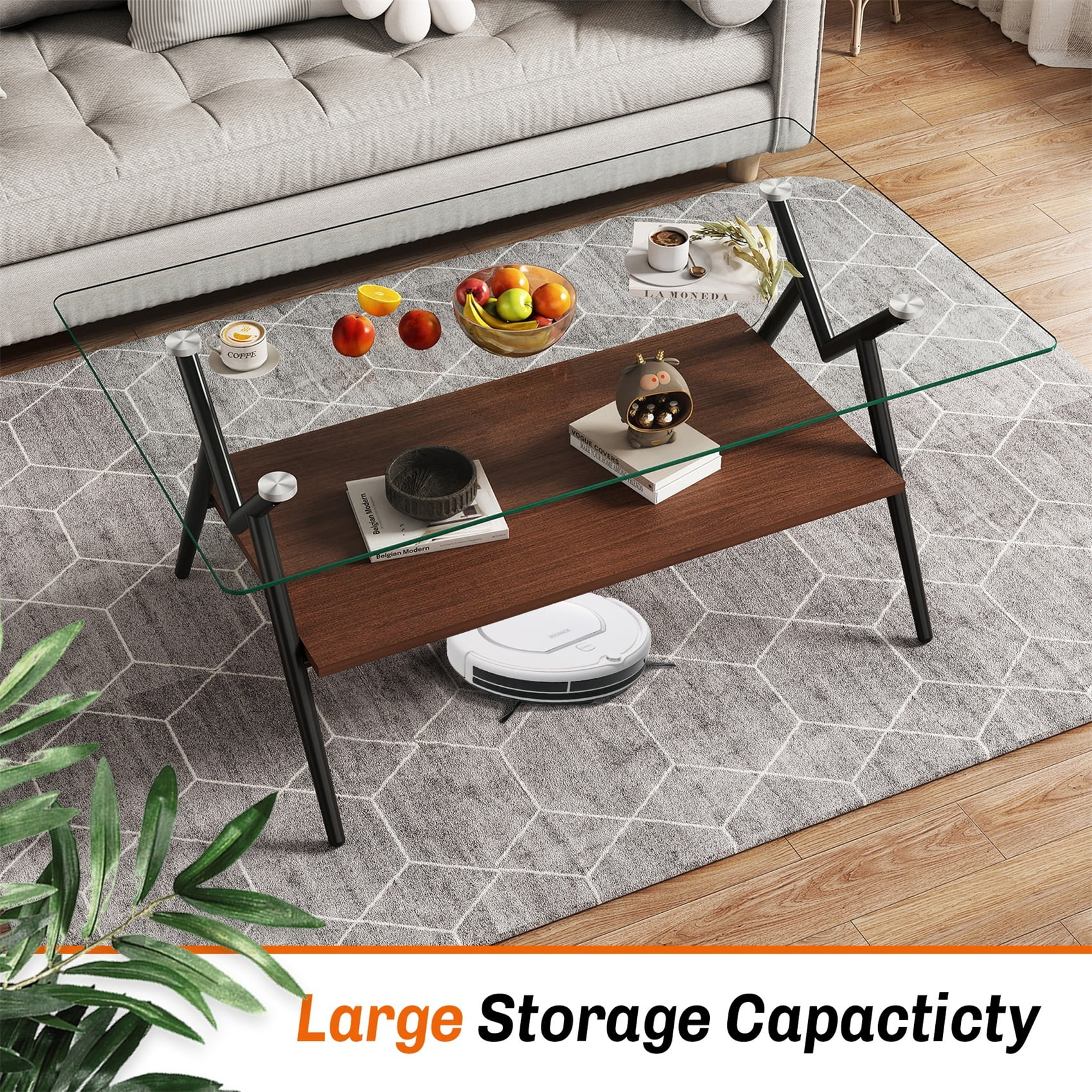 Alvantor Glass Coffee Table, 38.6" Rectangular Glass Coffee Table with Clear Tempered Glass Top and Metal Legs for Living Room Black