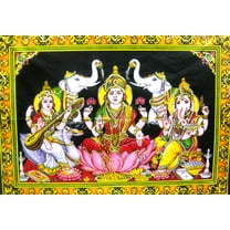 Crafts of India Lakshmi Ganesha Saraswati Batik Cotton Wall Hanging Sequins Painting : Size 43"x30" Inches