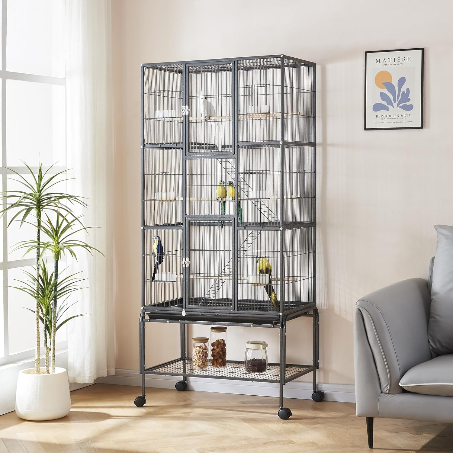 69inch Height Large Bird Cages Parrot Cage Wide Flight Metal Animal Cage for Budgie Parakeet Conure with Rolling Stand Wheels (Black)