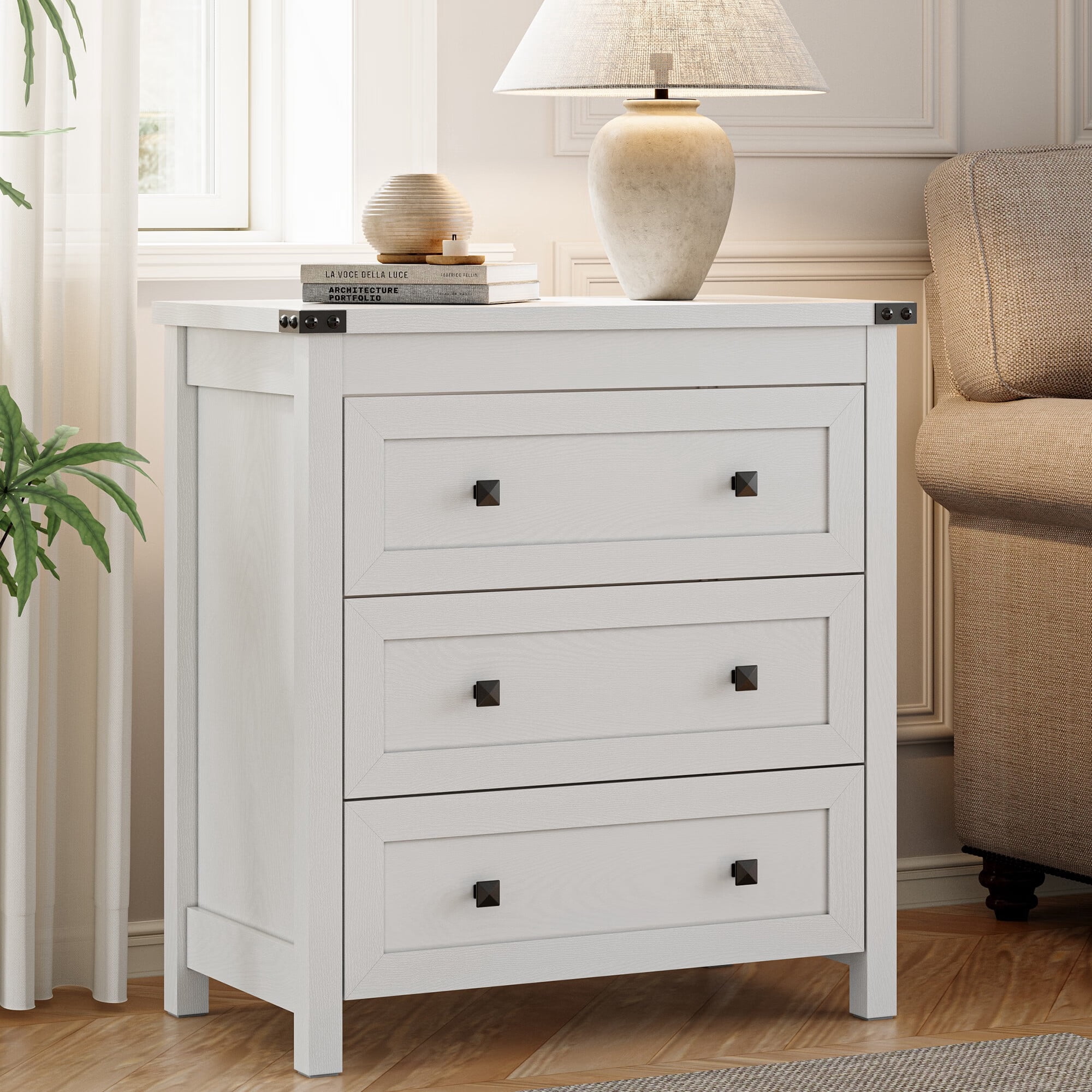 FANRAL 3 Large Drawer Nightstand,29.5" Tall Night Stand,27.5" Wide Side Table,Wood Bedside Table Modern End Table,Small Wide Dresser for Bedroom,White Nightstand