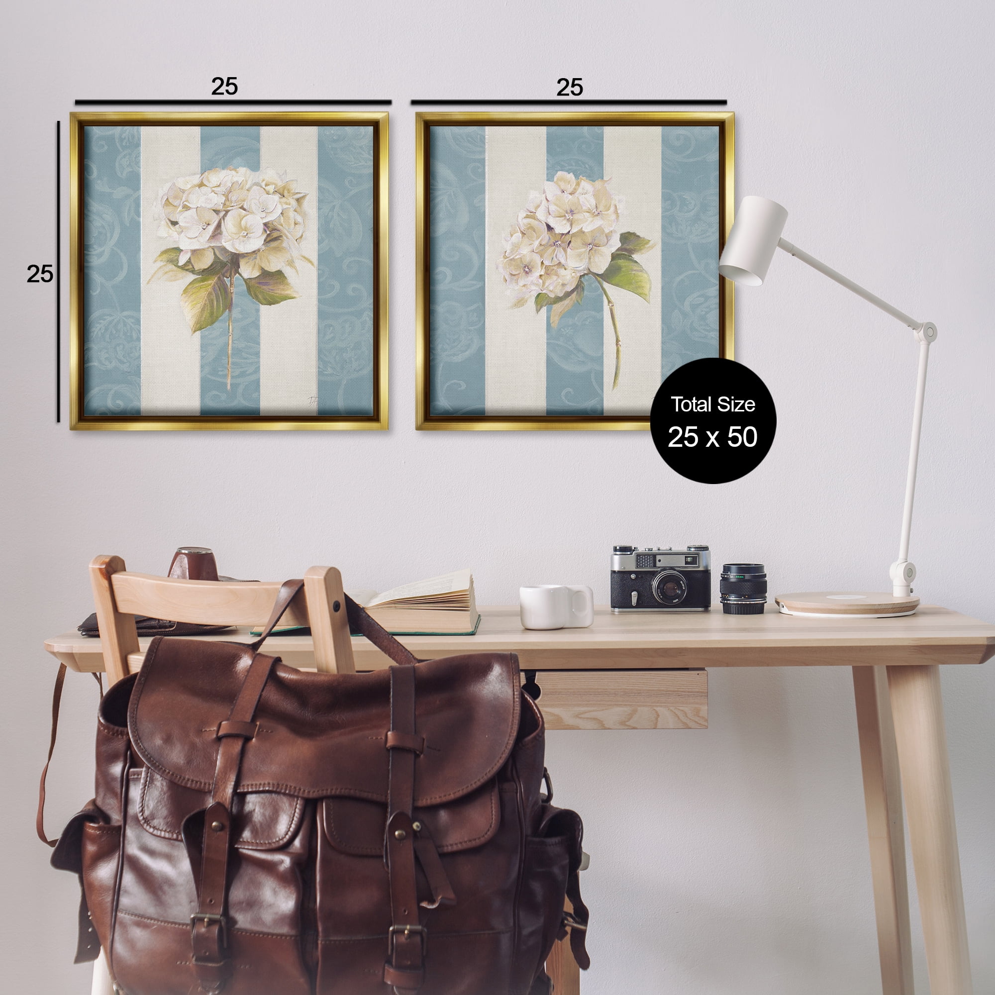 Stupell Industries Hydrangeas on Blue Strips Floral & Botanical Painting Gold Floater Framed Canvas Art Print Wall Art, 25 x 25, Set of 2
