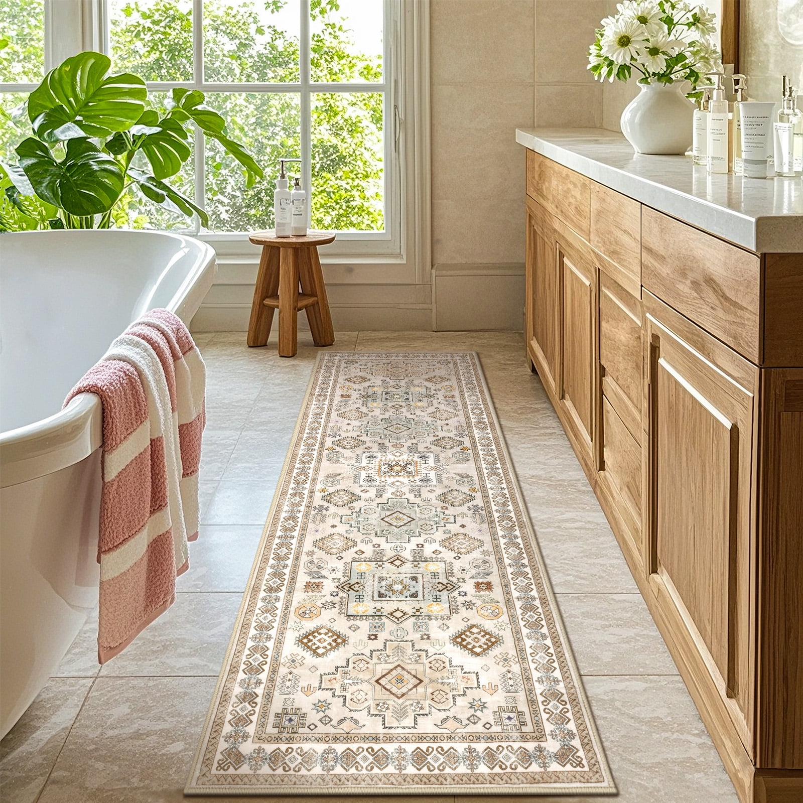 MeyJey 2'x6' Oriental Vintage Runner Rug for Hallways, Non-Slip Machine Washable Area Rug for Bedroom/Living/Dining/Laundry Room Carpet, Beige