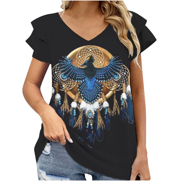 Moda mujer Casual Retro estilo étnico cuello en V doble capa hoja manga corta 3D impreso camiseta Top Fridja hjk6477