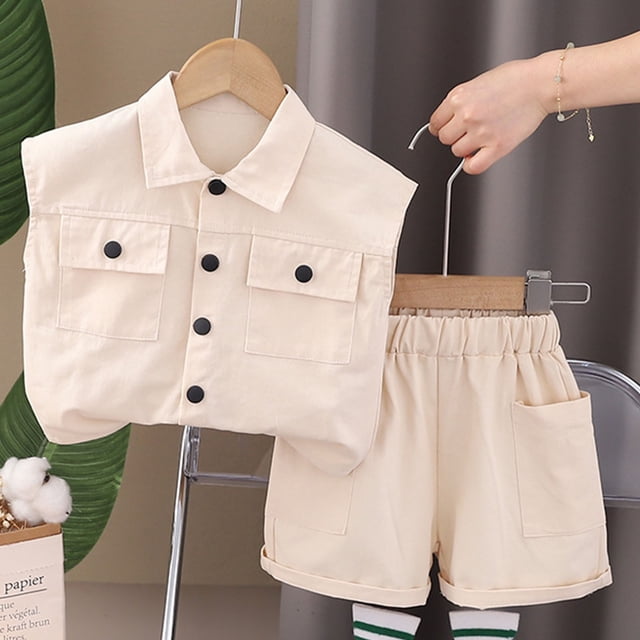 Geire Toddler Boy Summer Thin Clothes Solid Short Sleeve Button-down Shirt Tops + Short Pants Cotton Outfit Set