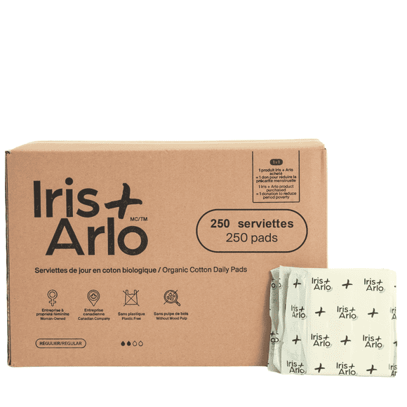 Iris + Arlo Serviettes Hygiéniques Biologiques 100 % Coton Régulières en Vrac (250 Unités) pour Femmes + Toutes les Personnes Menstruées / Serviettes Hygiéniques