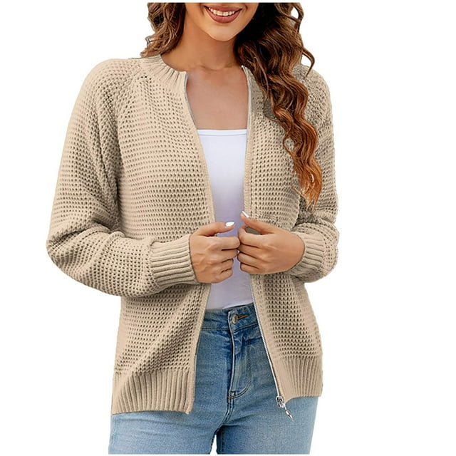 Yuyuzo Fall Sweater Cardigans for Women Cropped Knitting Jackets Zip up Long Sleeve Basic Outwear Solid Color