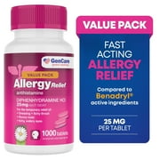 GenCare Allergy Relief Tablets Antihistamine Diphenhydramine HCl 25mg, 1000 Tablets