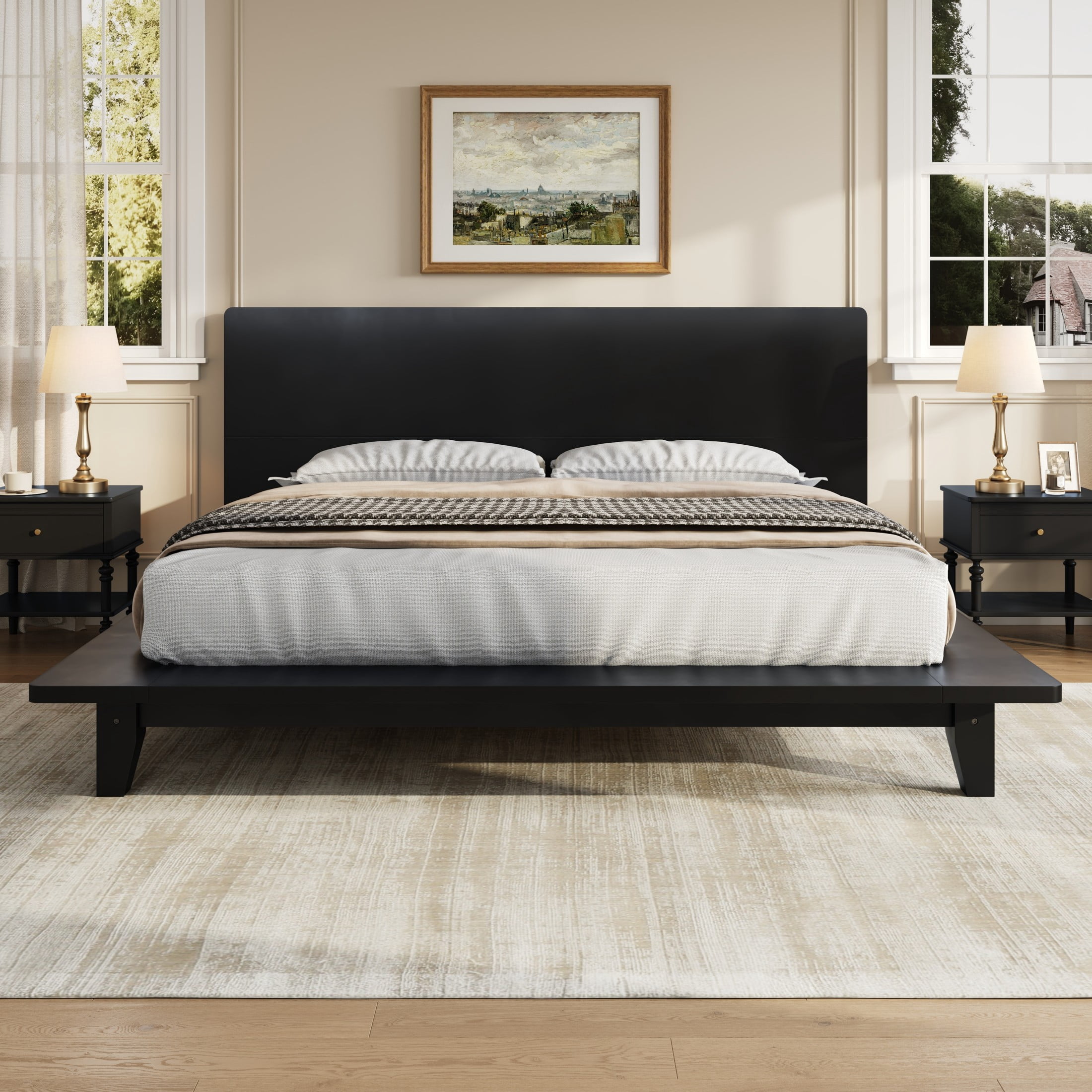 Alvantor Full Bed Frame with Headboard, Platform Wood Slat Support, No Box Spring Needed, Black
