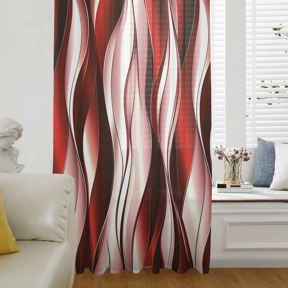 Red Striped Ombre Semi Sheer Curtains Drapes for Living Room, Bedroom, French Doors Window 108 Inches Long, Modern Red Moire Geometric Rod Pocket Chiffon Curtain Drapery Voile Draperies Panel