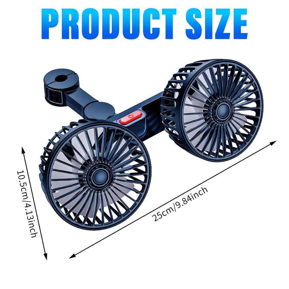 MDHAND 4 Inch Dual Head Car Fan, USB Vehicle Fan with Adjustable Clip, 360° Rotation, 30dB Quiet Motor, Includes Dual USB Car Charger