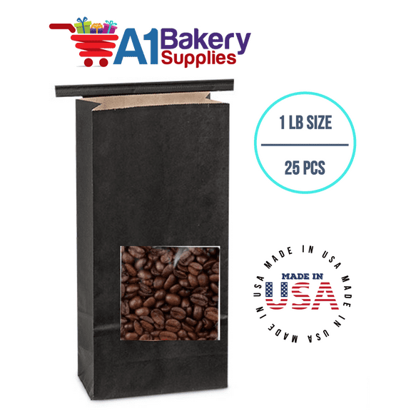 Bakery Bags Paper Bags Tin Tie Tab Bags Cookie Bags, Coffee Bags Tin Tie Bags (1 LB 25 Pack Black with Square Window)