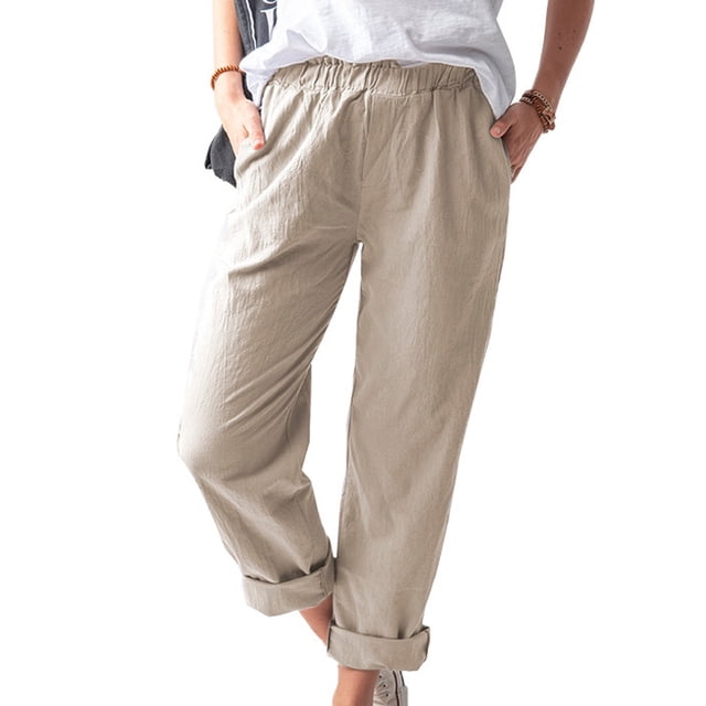 Pantalones rectos de mujer, pantalones casuales con cintura elástica y bolsillos