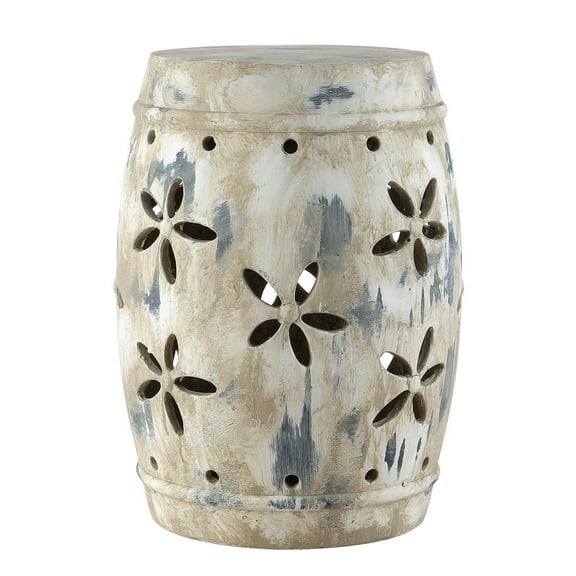 SAFAVIEH Ilia 19" Contemporary Floral Cement Garden Stool, Antiqued Cream