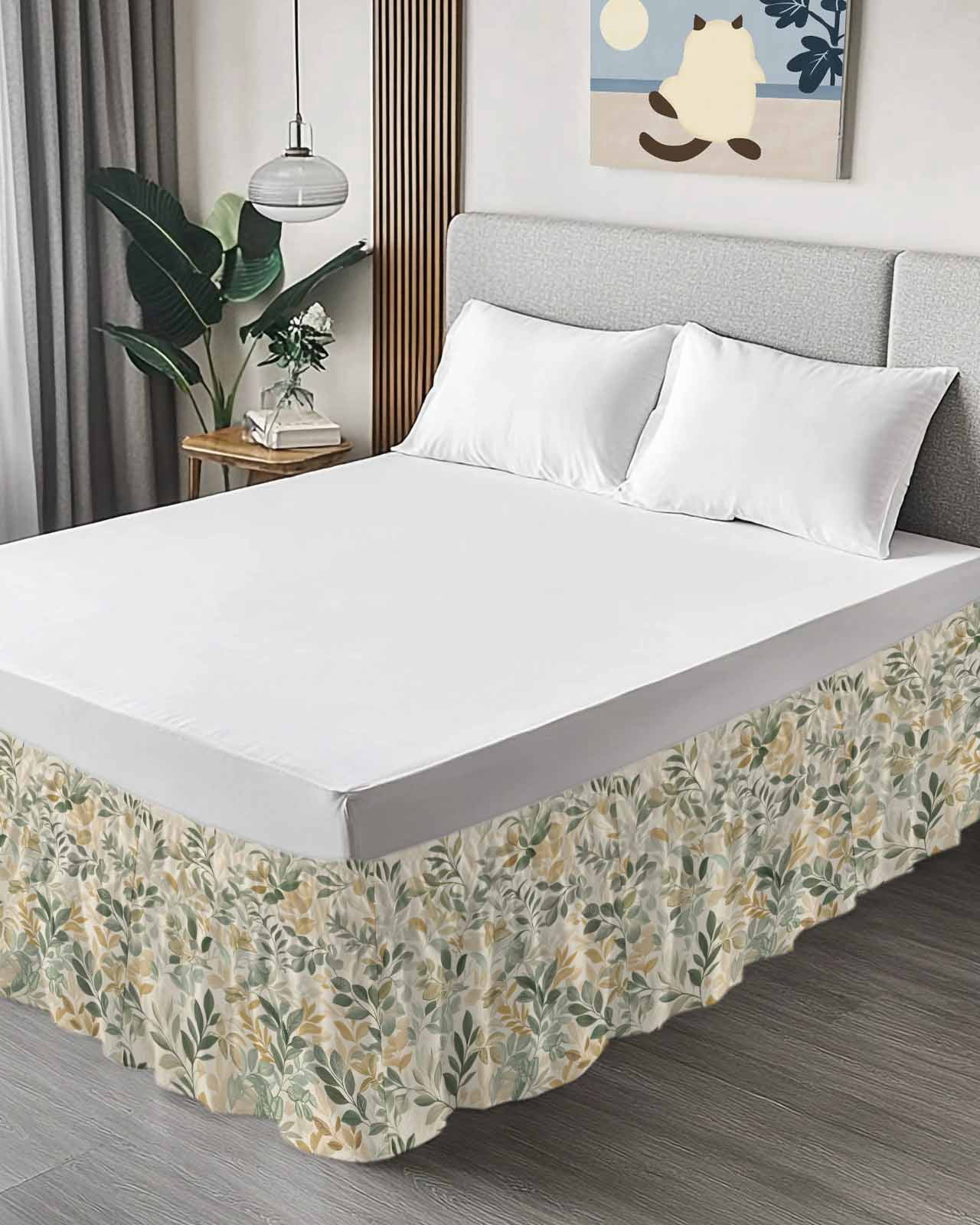 Sage Green Yellow Botanical Wrap Around Bed Skirts for Queen Bed 16" Drop,Bed Skirt with Adjustable Elastic Belt Dust Ruffle Bed Valance for Bedroom Hotel Luxury Spring Summer Vintage Bed Frame Cover