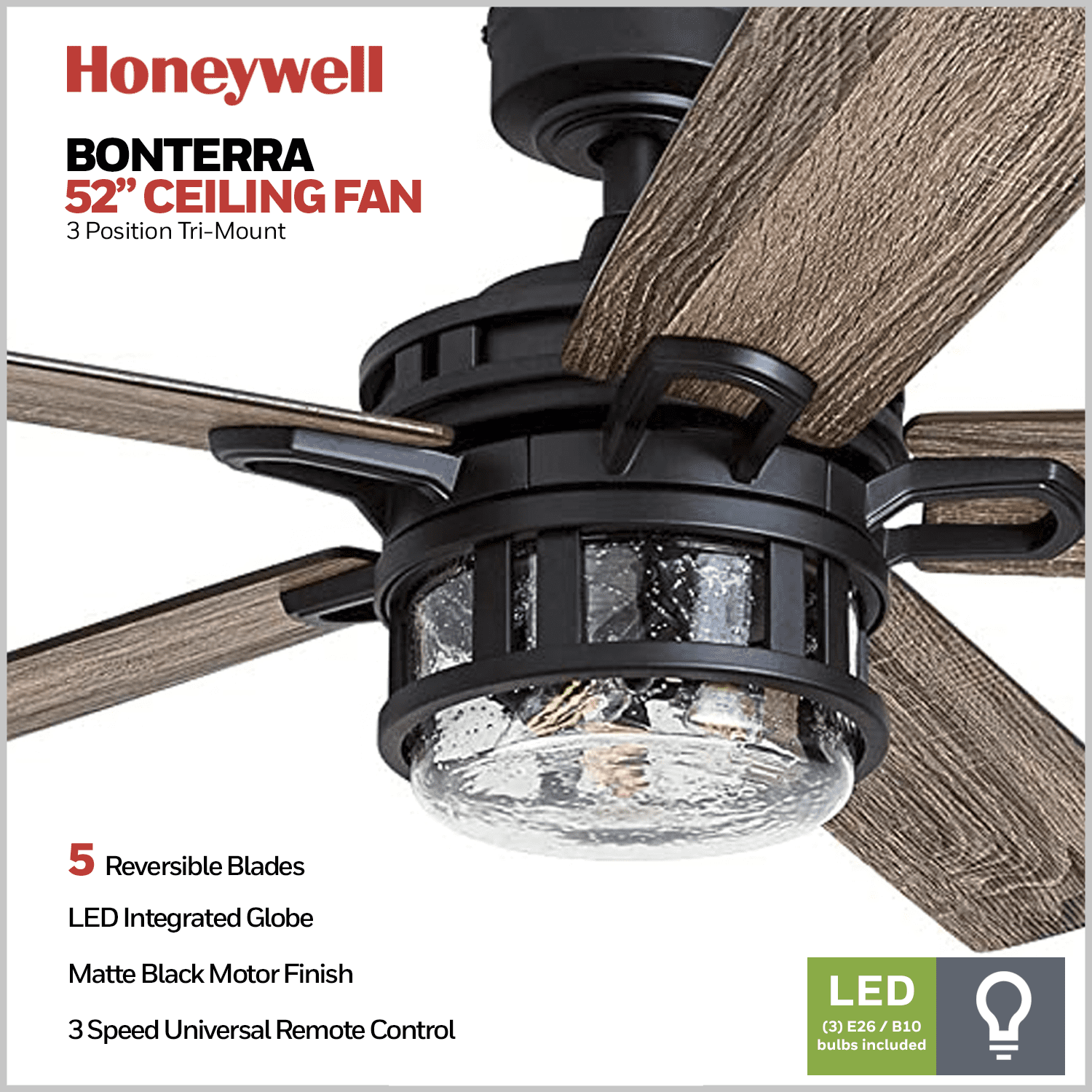 Honeywell Bonterra 52 Inch Ceiling Fan with LED Light & Remote, Matte Black