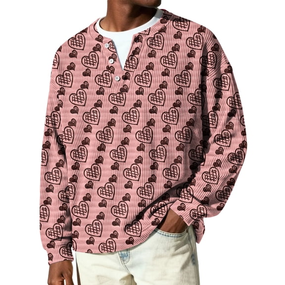 Valentines Day Henley Shirts for Men Long Sleeve Cute Love Heart Pattern Pullover 3-Button T-Shirt Valentines Gifts
