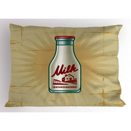 Farmhouse Pillow Sham Retro Style Milk Bottle Illustration on Weathered Grungy Background Dairy Product, Decorative Standard Queen Size Printed Pillowcase, 30 X 20 Inches, Multicolor, by