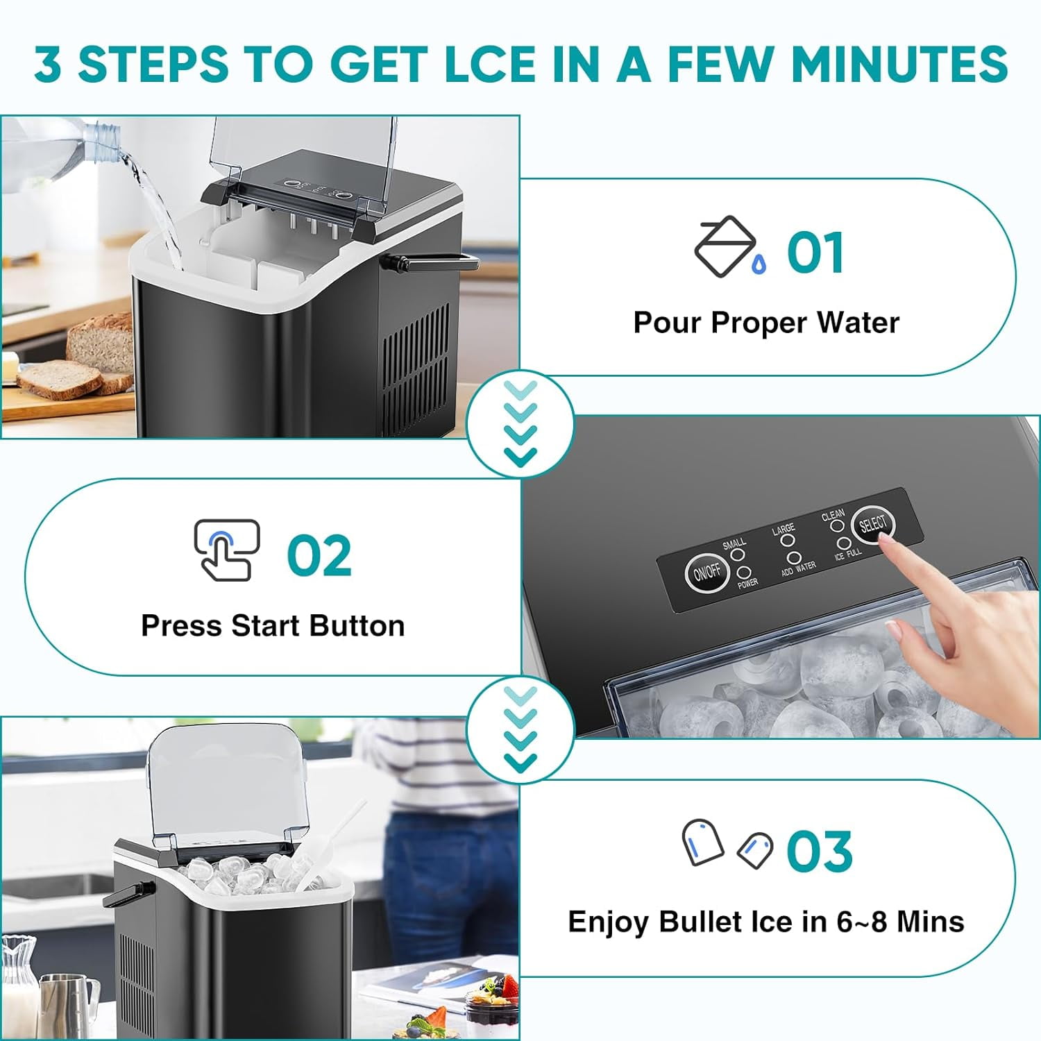 Countertop Ice Maker Machine, 9 Bullet Ice Cubes/6Min, 26 lbs/24H, Self-Cleaning Portable Ice Maker Machine, 2 Sizes Bullet Cubes Makers, Black