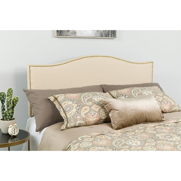 Upholstered King Size Headboard with Nailtrim in Beige Fabric Walmart