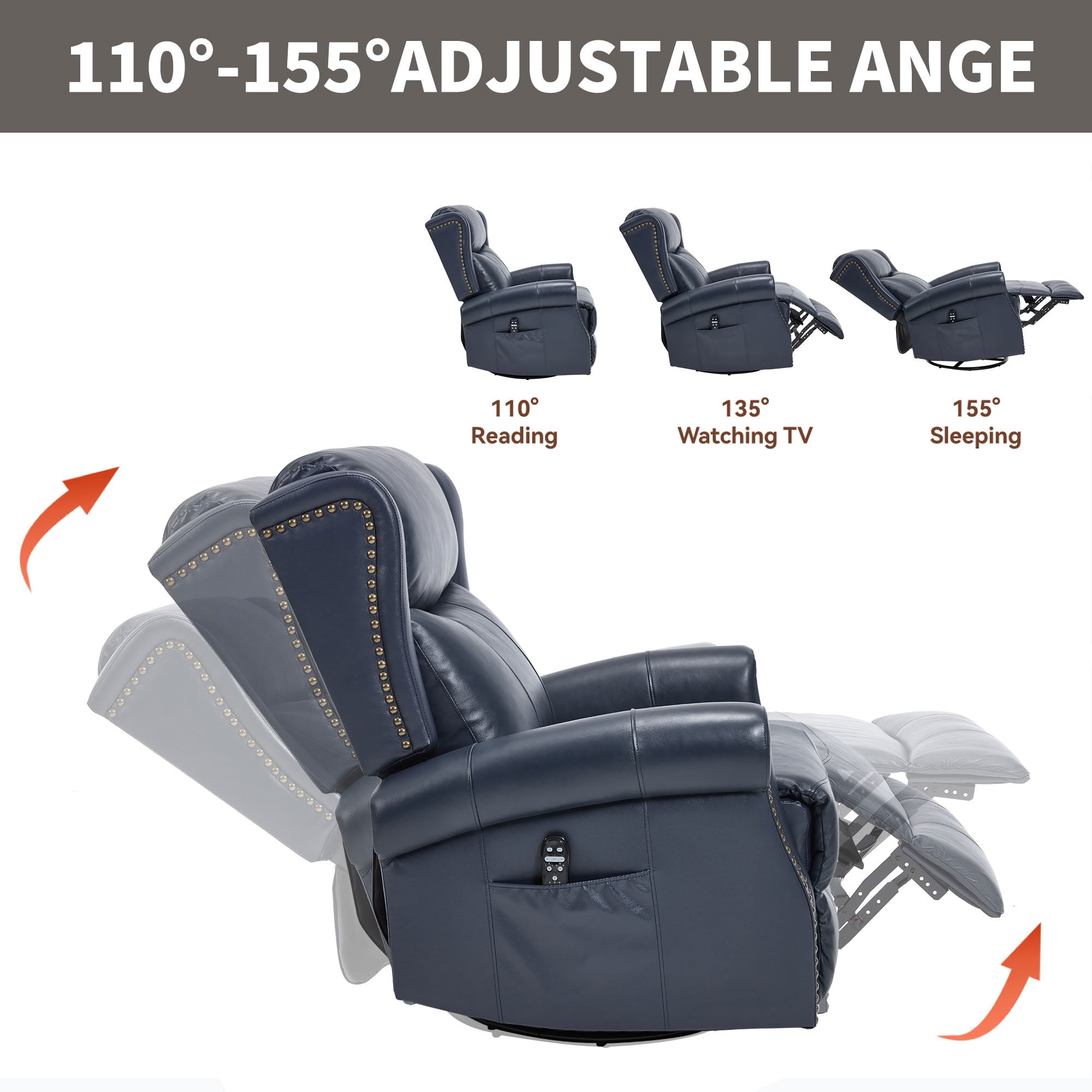 MAYEERTY 360 Degree Swivel Rocker Recliner Chair, Genuine Leather Manual Recline Glider Armchair with 8-Point Vibration Massage & Lumbar Heat, for Living Room Home Theater