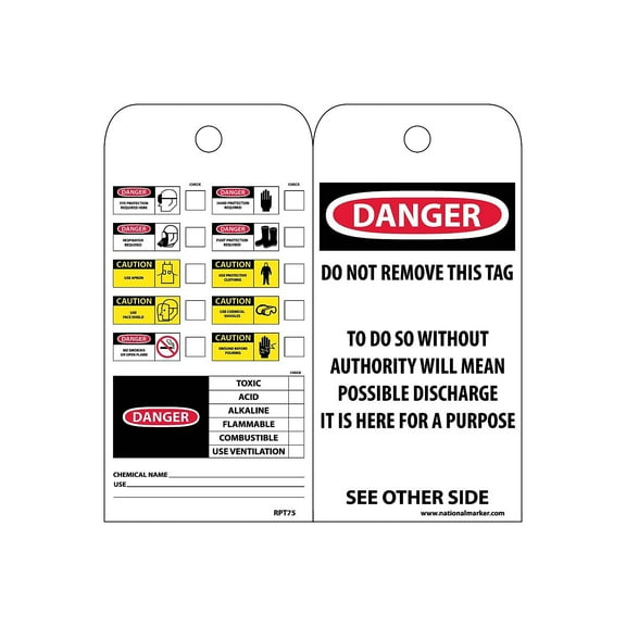 National Marker Accident Prevention Tags; Chemical Id 6X3 Unrip Vinyl 25/Pk RPT75