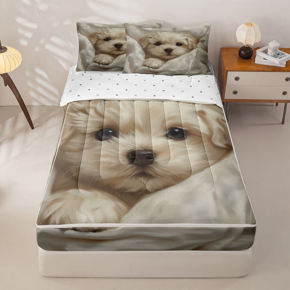 Homewish Cream Maltese Puppy Zipper Twin Comforter Sets with Fitted Sheet and 2 Pillowcases,Cartoon Pet Dog Zipper Bedding Set,White,Reversible,4pcs