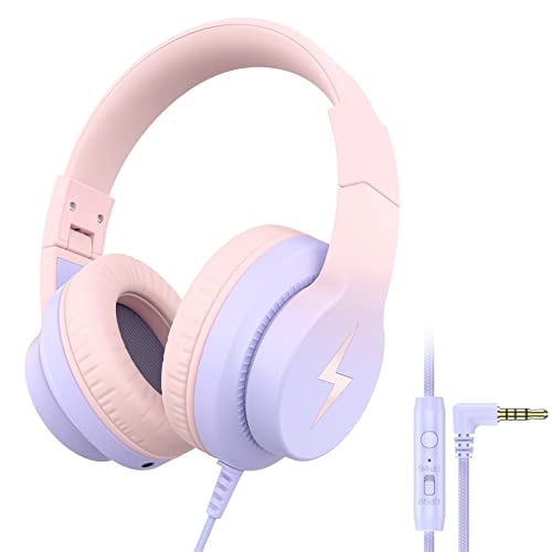 Auriculares para niños con cable, plegables y con micrófono, limitador de volumen, para estudio en línea, color rosa