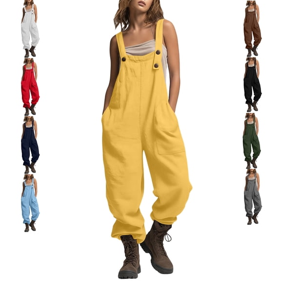 MLCDZ Women Dressy Jumpsuits Cotton Linen Square Neck Sleeveless Overalls Adjustable Strap Bib Overalls Baggy Summer Romper with Pockets