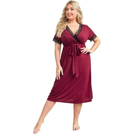 

V-neck Sleepwear Loose Sleep Dress Short Sleeve Nightdress Loungewear With Belt