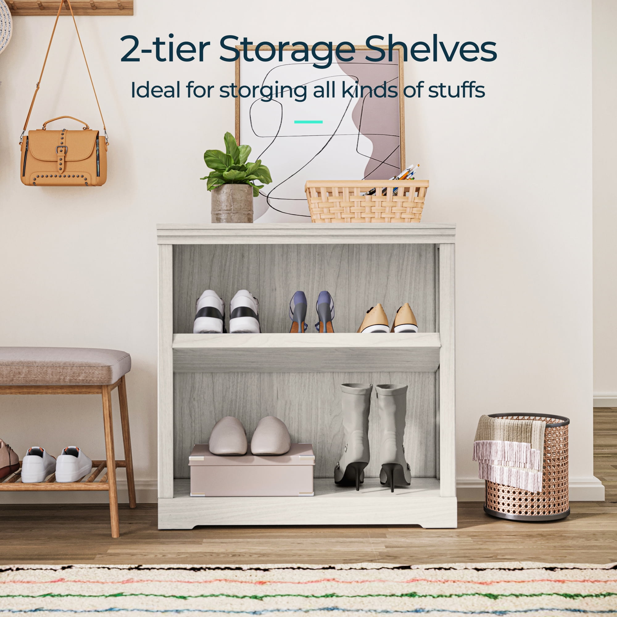 LINSY HOME 32in 2 Tier Bookshelf, Small Bookcase Shelf Storage Organizer, Modern Book Shelf for Bedroom, Living Room and Home Office, White Oak